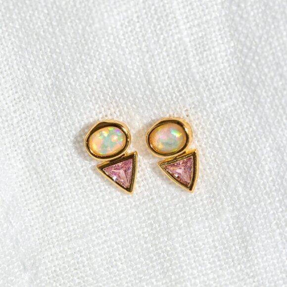 Tiny Stud Earrings Opal and Pink CZ Triangle Opal & Crystal Dainty Studs PRETTY - Picture 3 of 12